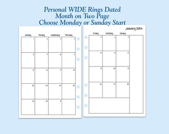 DATED Printed Personal WIDE Size Month on Two Page Ring Planner Inserts