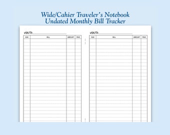 Printed UNDATED Wide/Cahier Size Bill Tracker Traveler's Notebook Insert