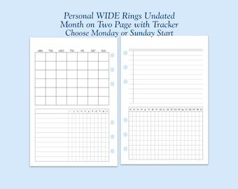 UNDATED Printed Personal WIDE Size Month on Two Page with Habit Tracker Ring Planner Inserts