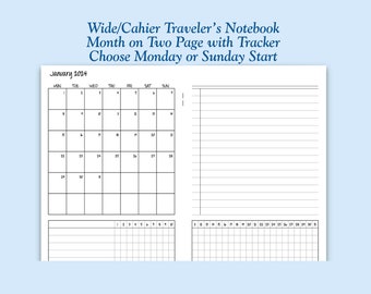 Printed Wide/Cahier Size Month on Two Page with Habit Tracker Traveler's Notebook Insert - Choose Dated or Undated