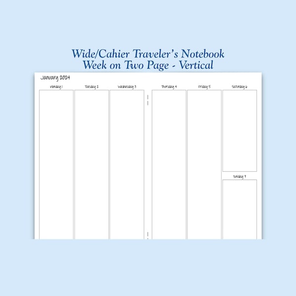 Printed Wide/Cahier Size Vertical Week on Two Page Traveler's Notebook Insert - Choose Dated or Undated