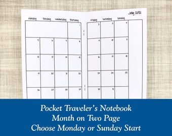 Monday /& Sunday Start Pocket Travelers Notebook Undated Calendar Insert PRINTABLE