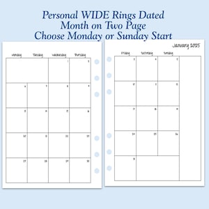 DATED Printed Personal WIDE Size Month on Two Page Ring Planner Inserts