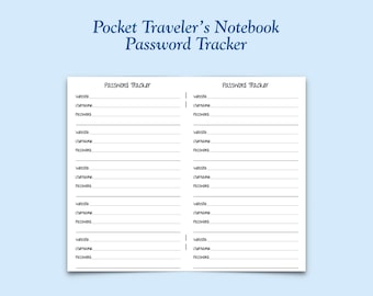 Printed Pocket Size Password Tracker Traveler's Notebook Insert