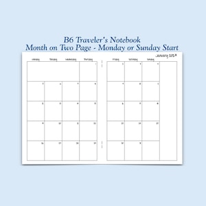 May include: A B6 traveler's notebook insert featuring a month on two page layout with a Monday or Sunday start. The white paper displays a black grid calendar for January 202X with labeled days of the week and numbered date boxes.