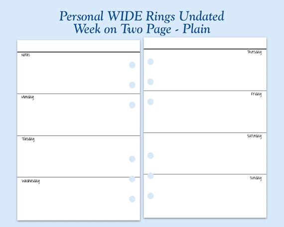  Undated Weekly Planner Inserts fits Personal Size Ring