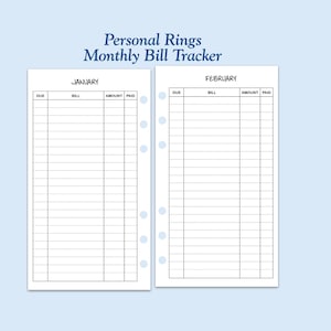 Printed Personal Size Bill Tracker Ring Planner Insert