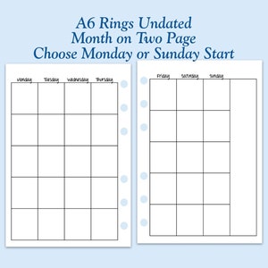 UNDATED Printed TRUE A6 Size Month on Two Page Ring Planner Inserts  ***Please read item description before purchase