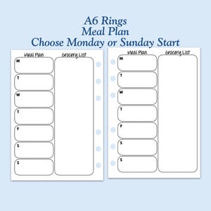 Printed TRUE A6 Size Meal Plan Ring Planner Inserts - Choose Monday or Sunday Start  ***Please read item description before purchase