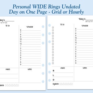 UNDATED Printed Personal WIDE Size Day On One Page Ring Planner Inserts Choose Grid or Hourly Schedule 31 Day Supply image 3