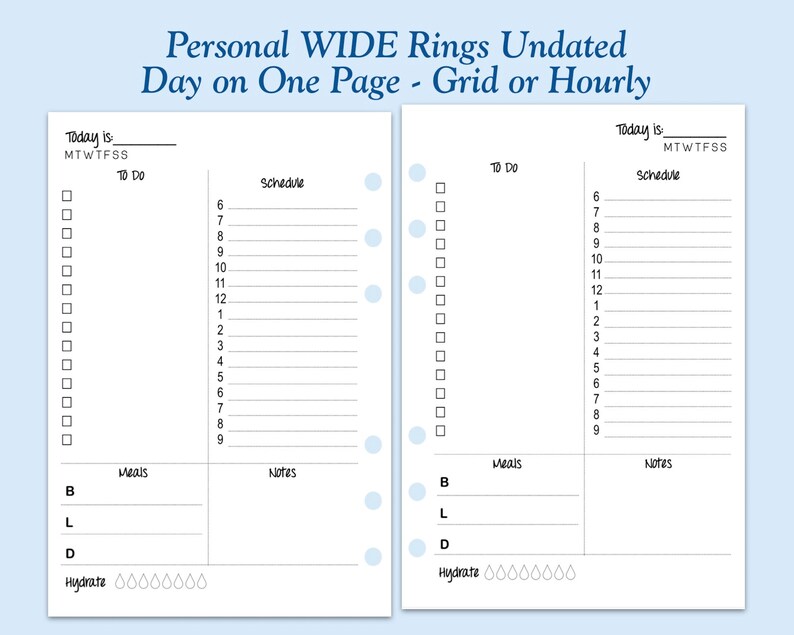 UNDATED Printed Personal WIDE Size Day On One Page Ring Planner Inserts Choose Grid or Hourly Schedule 31 Day Supply image 3