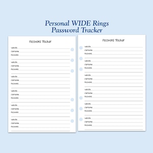 Printed Personal WIDE Size Password Tracker Ring Planner Insert