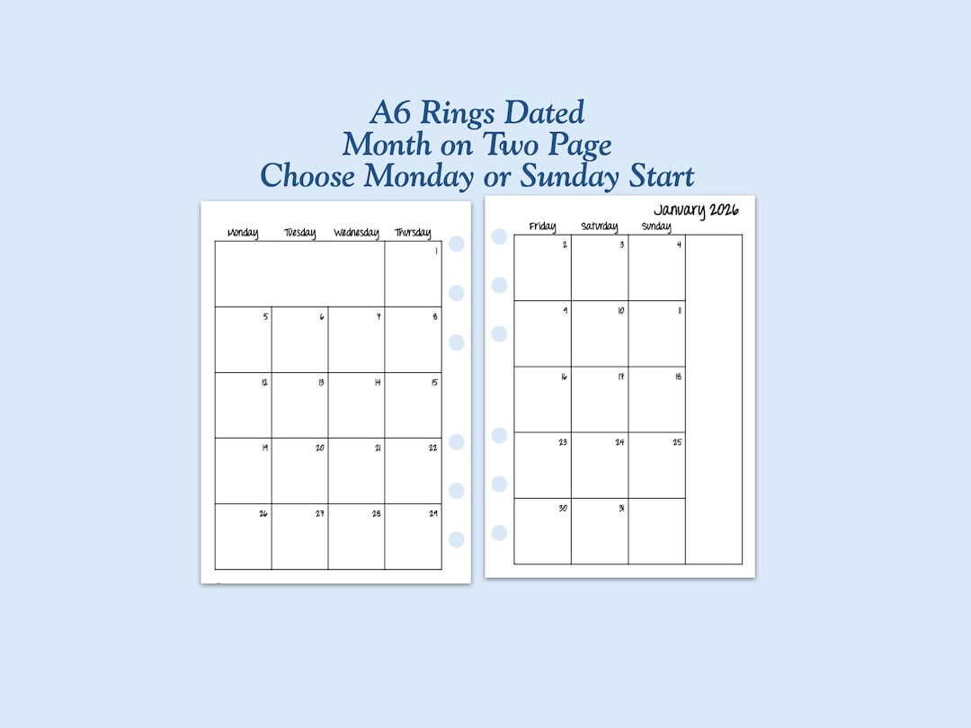 DATED Printed TRUE A6 Size Month on Two Page Ring Planner Inserts ...