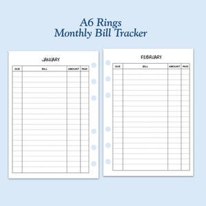 Printed TRUE A6 Size Bill Tracker Ring Planner Insert  ***Please read item description before purchase