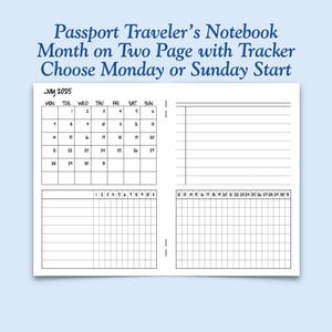 Printed Passport Size Month on Two Page with Habit Tracker Traveler&#39;s Notebook Insert - Choose Dated or Undated