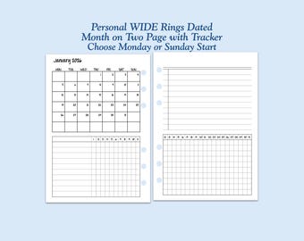 DATED Printed Personal WIDE Size Monthly Tracker MO2P Page with Habit Tracker Ring Planner Inserts