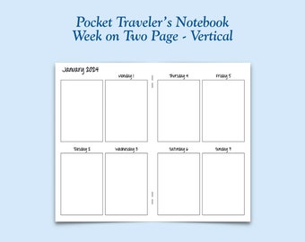 Printed Pocket Size Vertical Week On Two Page Traveler's Notebook Insert - Choose Dated or Undated