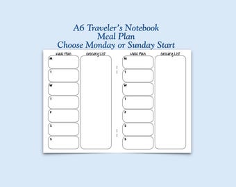 Printed A6 Size Meal Plan Traveler's Notebook Insert