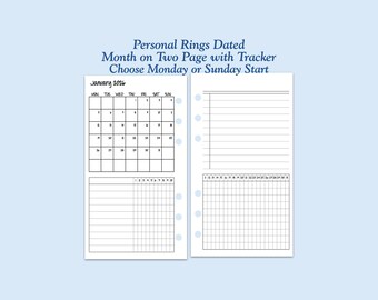 DATED Printed Personal Size Monthly Tracker MO2P Page with Habit Tracker Ring Planner Inserts