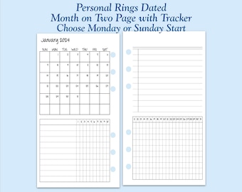 DATED Printed Personal Size 2024 Month On Two Page with Habit Tracker Ring Planner Inserts