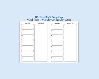 Printed B6 Size Meal Plan Traveler's Notebook Insert