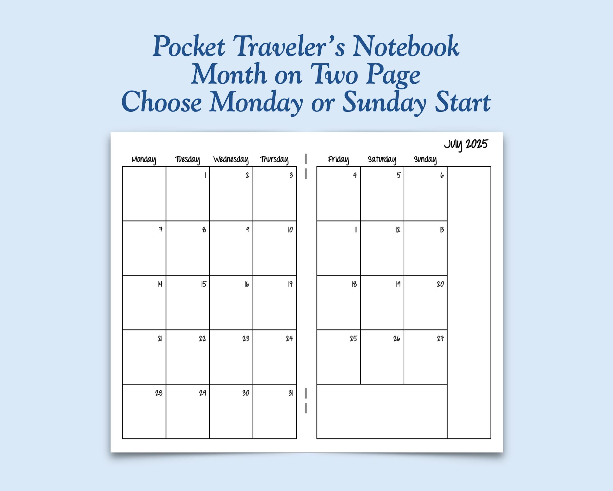 Printed Pocket Size Month on Two Page Traveler's Notebook Inserts ...