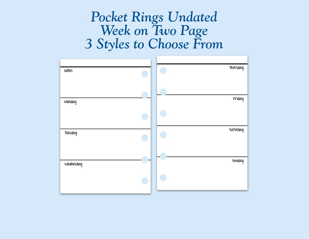 UNDATED Printed Pocket Size Week on Two Page Ring Planner Inserts - 6 ...