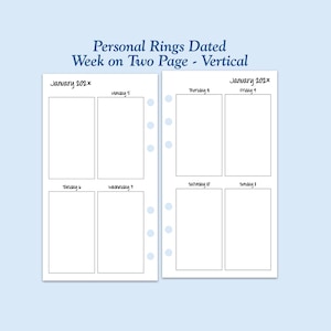 Puede incluir: Recambios de agenda Personal Rings Dated Week on Two Page - Vertical en papel blanco con texto y líneas negras. El diseño muestra January 202X con columnas diarias de lunes a domingo, incluyendo perforaciones en los bordes interiores.