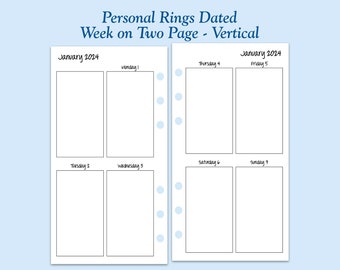 DATED Printed Personal Size Vertical Week On Two Page Ring Planner Inserts