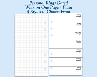 DATED Printed Personal Size Week On One Page Ring Planner Inserts