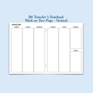 Printed B6 Size Vertical Week on Two Page Traveler's Notebook Insert - Choose Dated or Undated