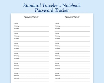 Printed Standard Size Password Tracker Traveler's Notebook Insert