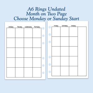 UNDATED Printed TRUE A6 Size Month on Two Page Ring Planner Inserts  ***Please read item description before purchase