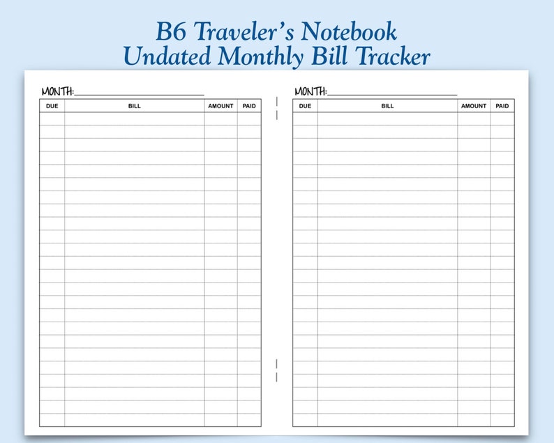 Printed UNDATED B6 Size Bill Tracker Traveler's Notebook Insert - Etsy