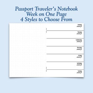 Printed Passport Size Week on One Page Traveler&#39;s Notebook Insert - Choose Dated or Undated