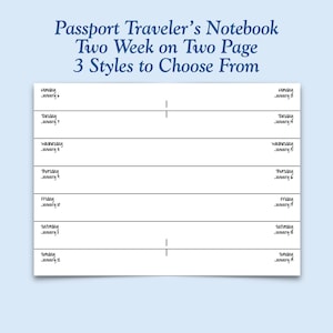 Printed Passport Size Two Weeks on Two Page Traveler&#39;s Notebook Insert - Choose Dated or Undated