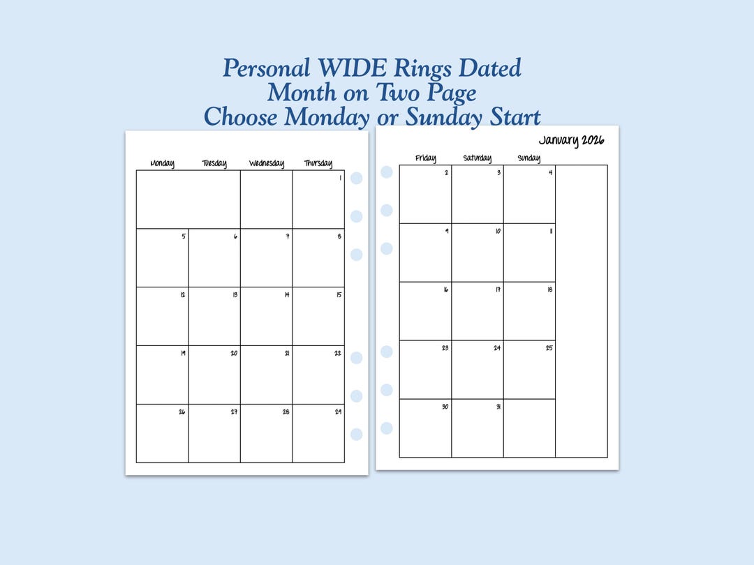 DATED Printed Personal WIDE Size Month on Two Page Ring Planner Inserts ...