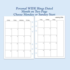 DATED Printed Personal WIDE Size Month on Two Page Ring Planner Inserts