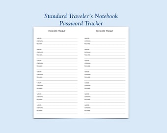 Printed Standard Size Password Tracker Traveler's Notebook Insert