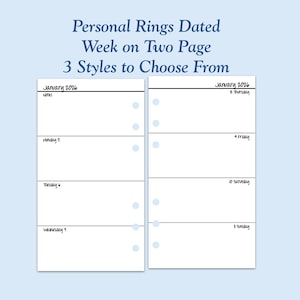DATED Printed Personal Size Week On Two Page Ring Planner Inserts