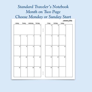 Gedruckter Monat in Standardgröße auf zwei Seiten Traveler's Notebook Insert - Wählen Sie Datiert oder Undatiert