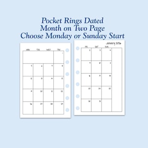 DATED Printed Pocket Size Month On Two Page Ring Planner Inserts