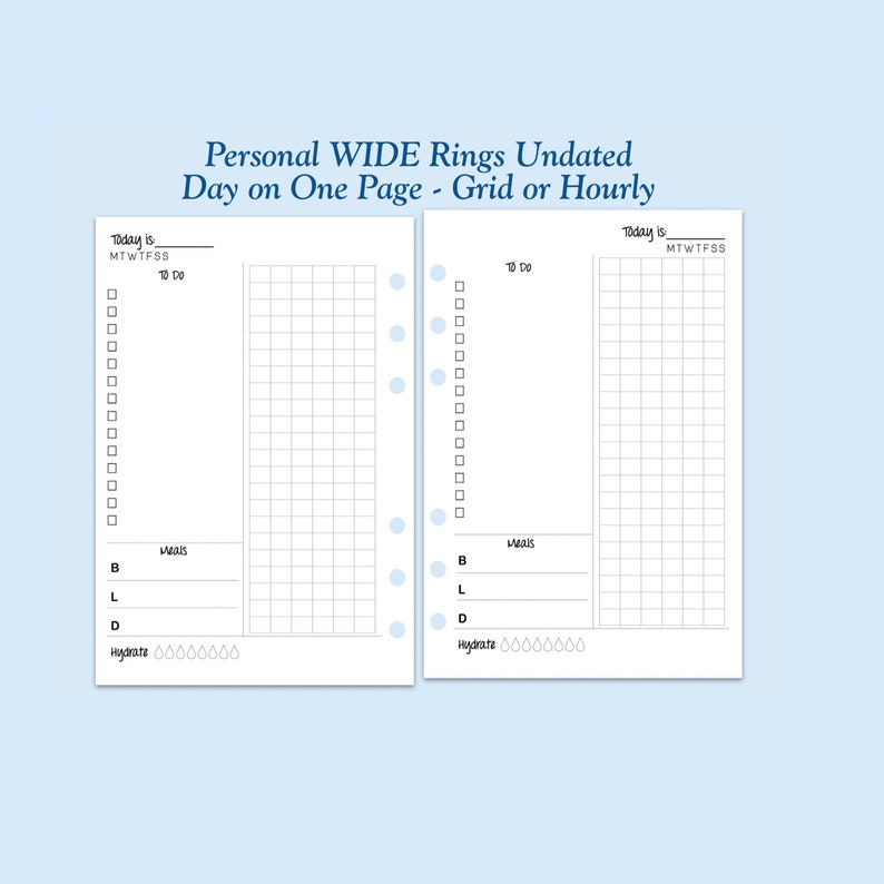 UNDATED Printed Personal WIDE Size Day On One Page Ring Planner Inserts Choose Grid or Hourly Schedule 31 Day Supply image 1