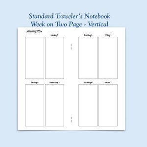 Printed Standard Size Vertical Week on Two Page Traveler's Notebook Insert - Choose Dated or Undated