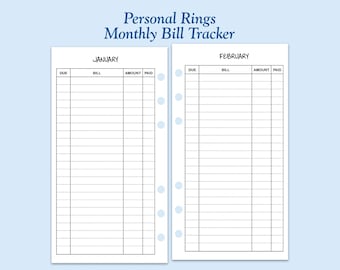 Printed Personal Size Bill Tracker Ring Planner Insert