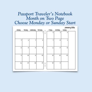 Printed Passport Size Month on Two Page Traveler's Notebook Insert - Choose Dated or Undated