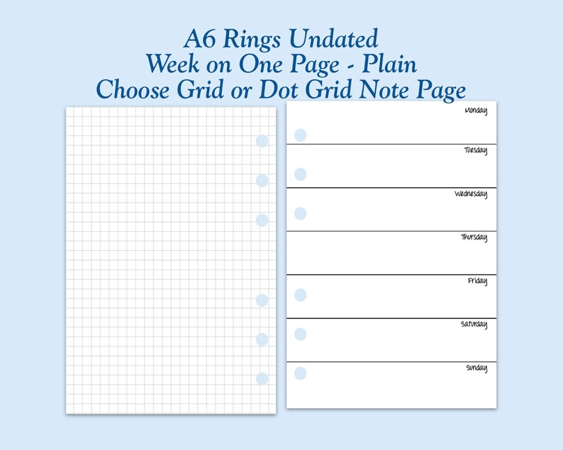 Weekdays Ring UNDATED Printed TRUE A6 Size Week on One Page Ring Planner Inserts - 6 ...