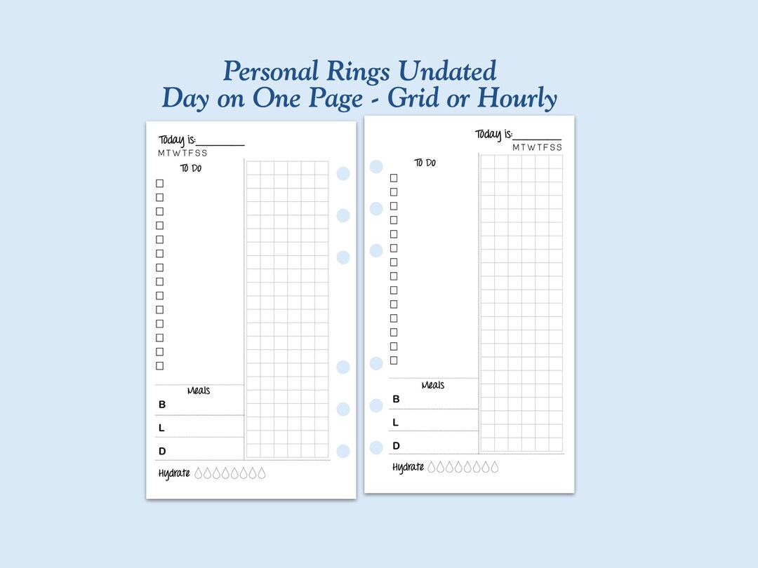 UNDATED Printed Personal Size Day on One Page Ring Planner Inserts ...