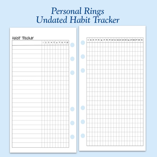 UNDATED Printed Personal Size Habit Tracker Ring Planner Insert