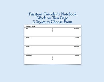 Printed Passport Size Week on Two Page Traveler's Notebook Insert - Choose Dated or Undated